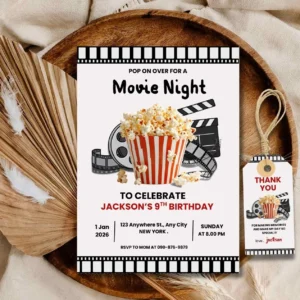 Kids Birthday Movie Night invitation , Movie Night Party Invitation