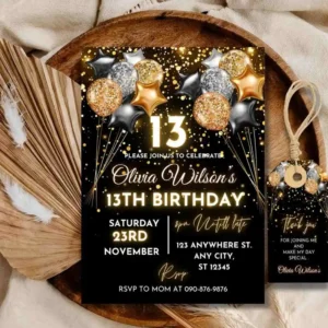Elegant Black And Golden Birthday Invitation , 13th Birthday Invitation For Boys And Girls