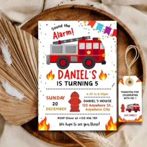 Fire Truck Birthday Theme Invitation , Fire Truck Kids Birthday Invitation