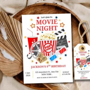 Movie Night Birthday Invitation , Cinema Movie Night , Kids Movie Night Birthday Invite