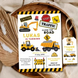 Kids Birthday Construction Theme Invitation , Construction Truck Birthday Invite