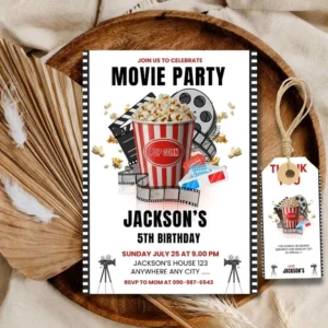 Movie Night Cinema Party invitation , Kids Birthday party Movie Night Invitation