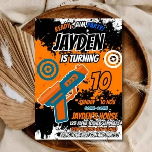 Nerf Gun Birthday Invitation,Kids Nerf Gun Birthday Party Invite Template