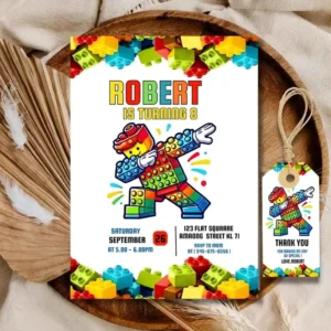 Building Blocks Kids Birthday Invitation, Funny Kids 8TH Birthday Invitation