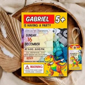 Building Blocks Kids Birthday Invitation, Funny Dino Kids Birthday Invitation