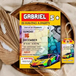 Sport Car Building Blocks Kids Birthday Invitation, Funny Building Blocks Theme Invitation