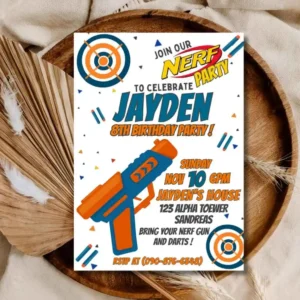 Nerf Gun Birthday Invitation,Kids Nerf Gun Birthday Party Invite Template
