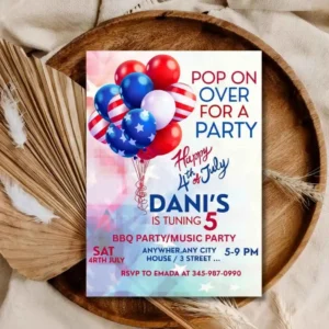4Th Of July Patriotic Day Invitation, Memorial Day Kids Birthday Party Invitation Template