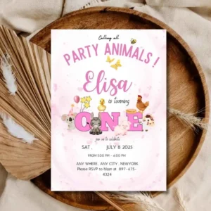 Farm Animal First Birthday Invitation | Pink Barnyard Animals 1st Birthday Party Invite | Editable Printable