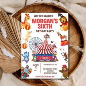 Carnival Circus Animal Themed Kids Birthday Invitation , Circus Birthday Invitation