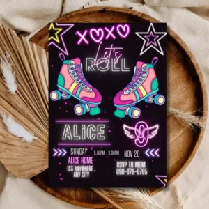 Roller Skating Birthday Invitation For Girls  , Roller Skating Neon Glow 9TH Girls Skate Party Invitation