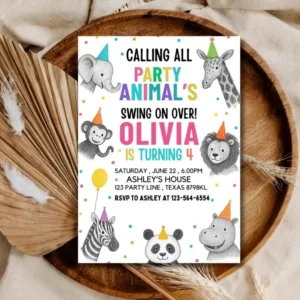 Safari Animal 4th Birthday Invitation | Fun Kids Zoo Party