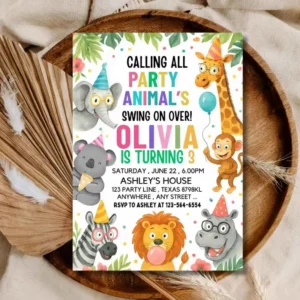 Editable Jungle Party Animals 3rd Birthday Invite