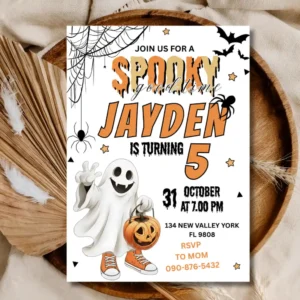 Spooky Ghost Halloween 5th Birthday Invitation for Kids – Customizable Trick or Treat Party Invite