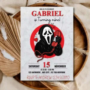 Ghost Face Themed Birthday Invitation – Halloween Costume Party Invite for Kids 🎃👻