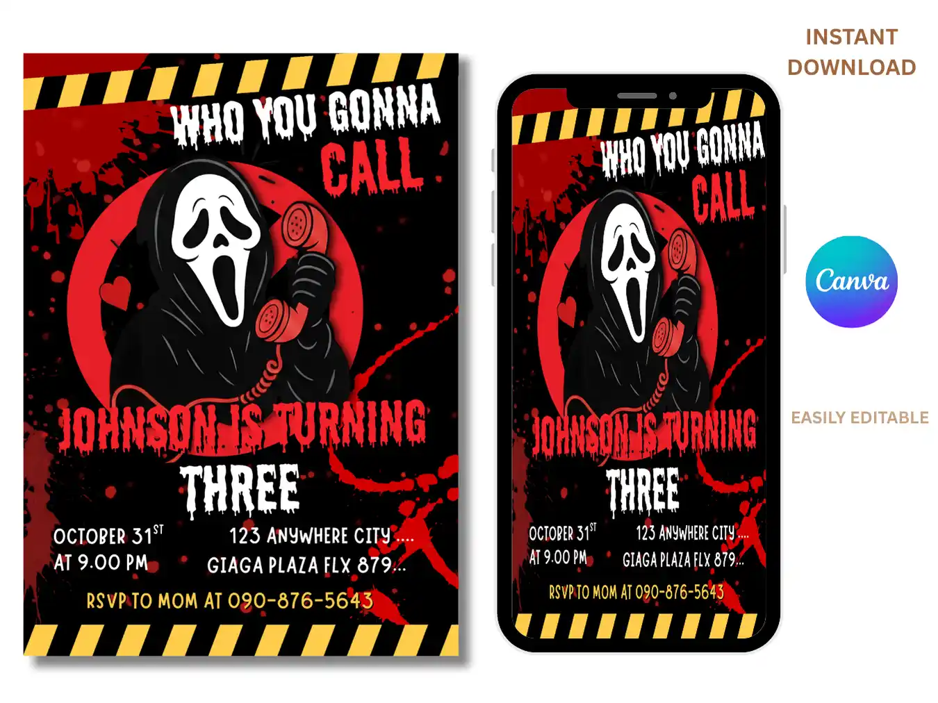 Ghost Face 3rd Birthday Invitation – Scary Halloween Horror Party Invite for Kids - Image 3