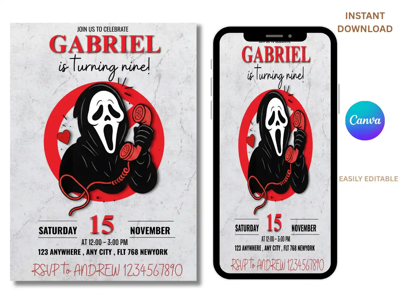 Ghost Face Themed Birthday Invitation – Halloween Costume Party Invite for Kids 🎃👻 - Image 3