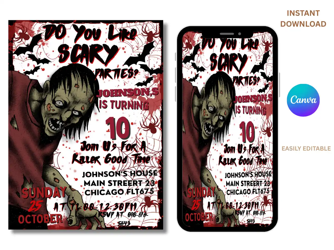 Zombie Theme Halloween Birthday Invitation – Spooky 10th Birthday Party - Image 3