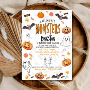 Halloween Monster Theme Birthday Invite | Digital Monster Kids 3rd Party Invitation