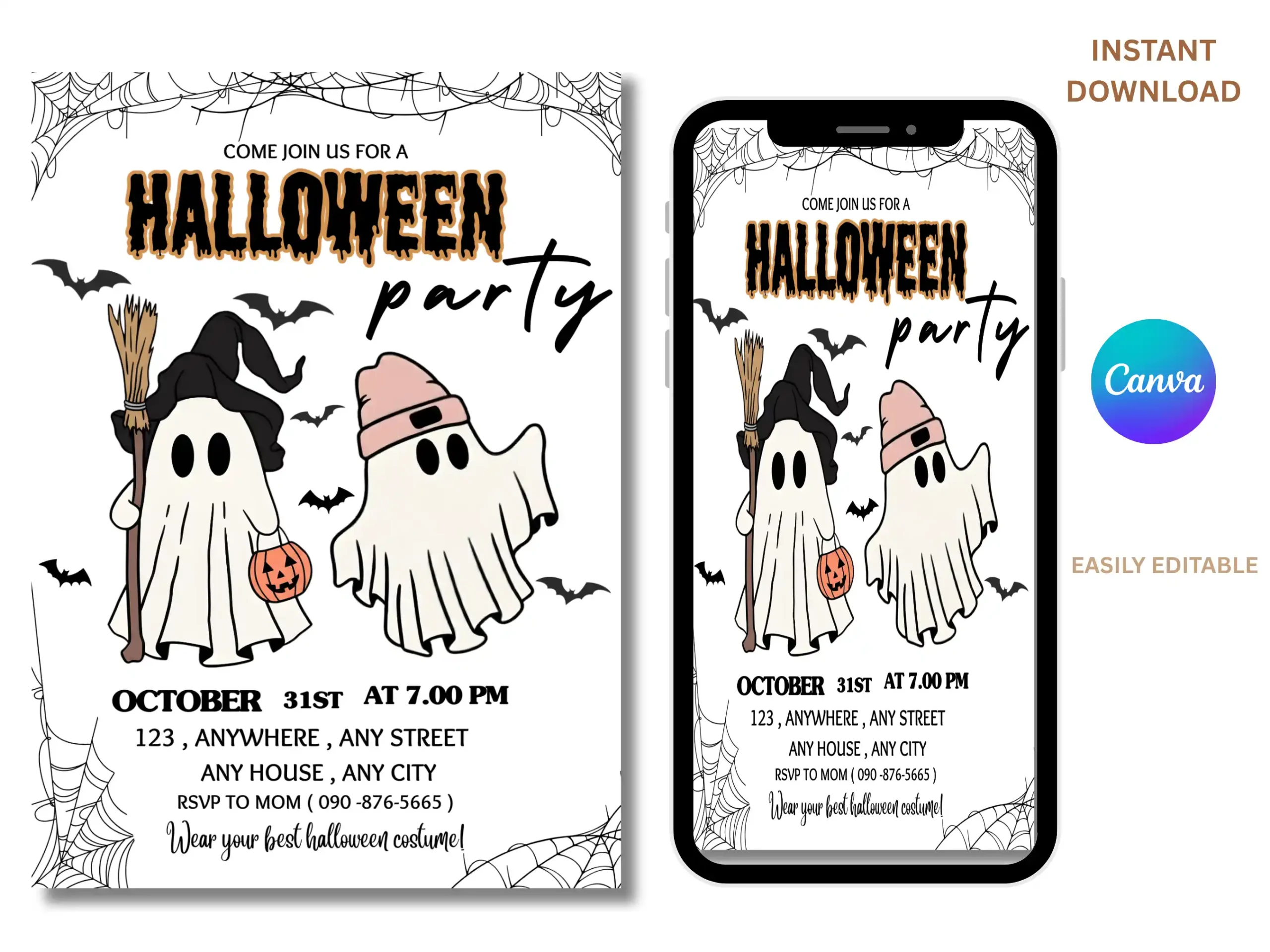 Editable Halloween Party Invitation Template – Minimalist Cute Ghost Canva Invite - Image 3