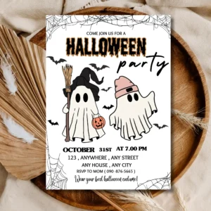 Editable Halloween Party Invitation Template – Minimalist Cute Ghost Canva Invite