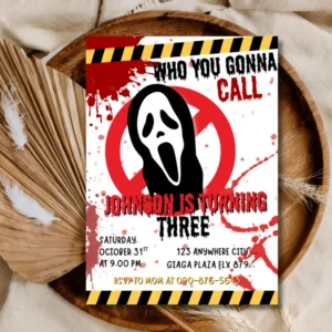 Editable Ghostbusters Kids 3rd Birthday Invitation , Ghost Face Horror Party Invite