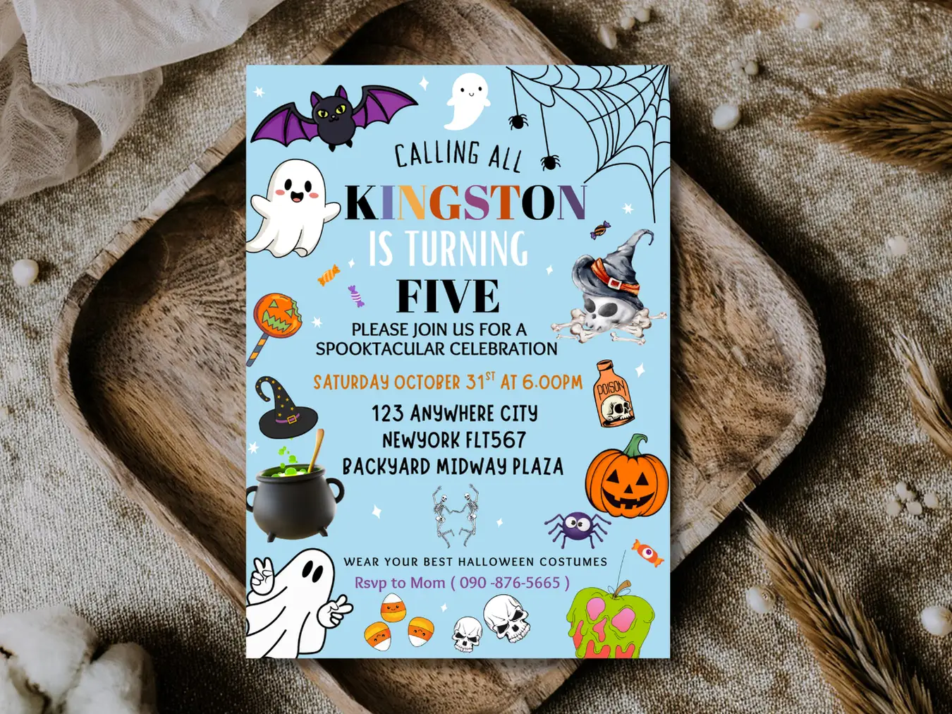 Calling All Ghouls! – Blue Halloween 5th Birthday Invitation