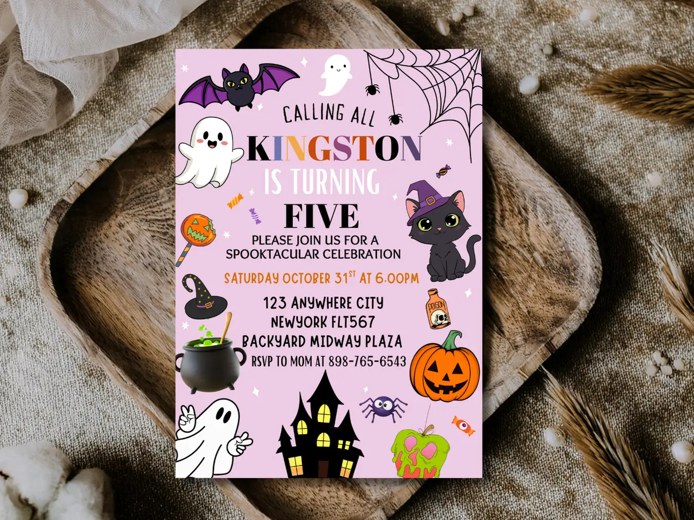 Purple Halloween 5TH Birthday Invitation | Spooky Costume Party Template
