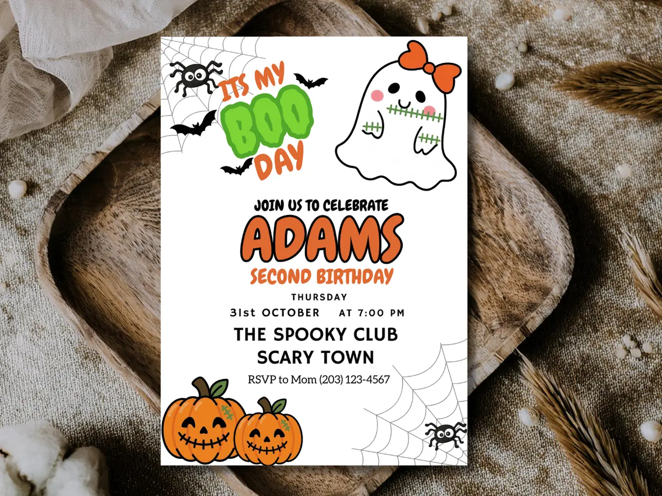 Editable Boo Day 2nd Birthday Invitation – Halloween Ghost Theme Invite