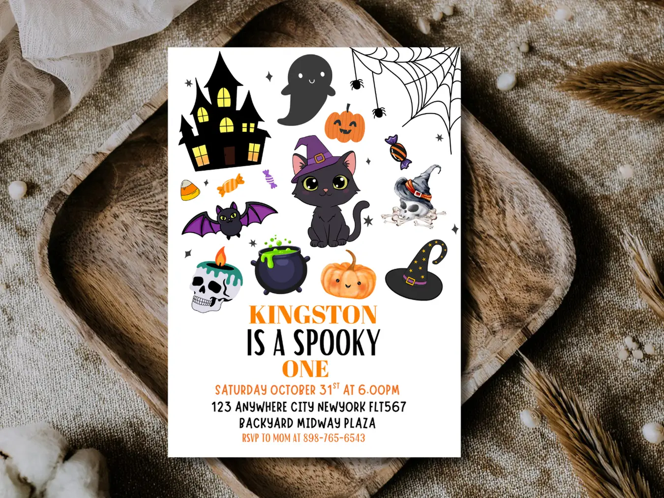 Halloween 1st Birthday Invitation – Spooky One Cute Cat Kids Party Invite