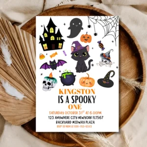 Halloween 1st Birthday Invitation – Spooky One Cute Cat Kids Party Invite