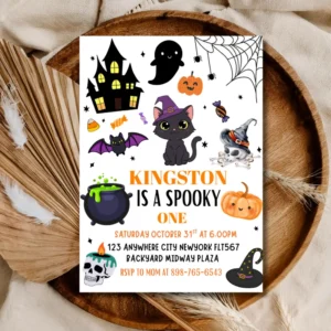Halloween Spooky One Invitation – Cute Cat, Ghost & Pumpkin Kids Party Invite