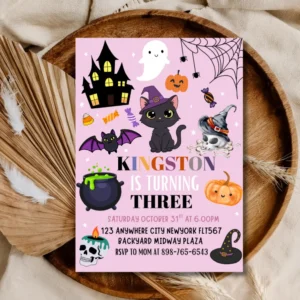 Cute Halloween 3rd Birthday Invite – Girly Pink Spooky Theme