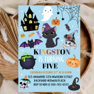 Halloween 5th Birthday Invitation – Editable Blue Spooky Theme