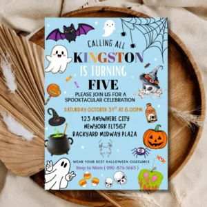 Calling All Ghouls! – Blue Halloween 5th Birthday Invitation