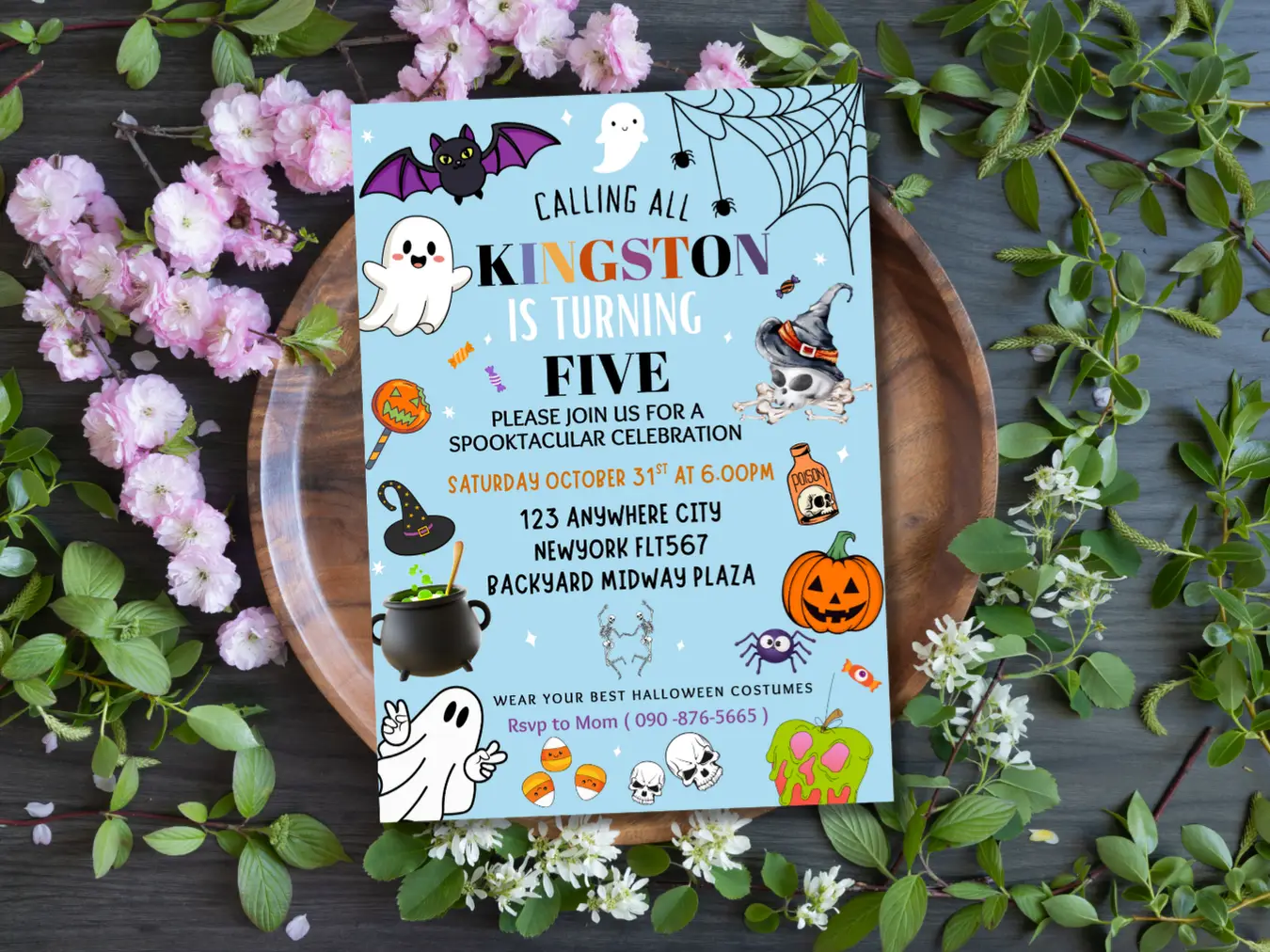 Calling All Ghouls! – Blue Halloween 5th Birthday Invitation - Image 5