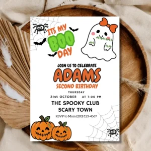 Editable Boo Day 2nd Birthday Invitation – Halloween Ghost Theme Invite