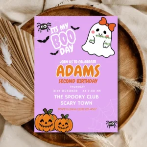 Boo Day 2nd Birthday Invitation – Purple Spooky Cute Halloween Party Invite