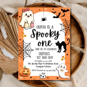 Halloween 1st Birthday Invitation | Spooky Boo-day Party Invite | Printable Ghost & Pumpkin Theme