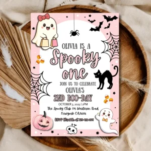 Halloween Pink Ghost Birthday Invitation, Halloween Party Invite, Hey Boo Ghost Party