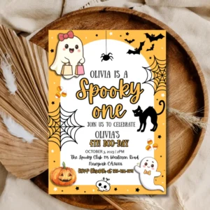 Halloween Spooky One 4th Birthday Invitation – Cute Ghost & Pumpkin Kids Party Invite