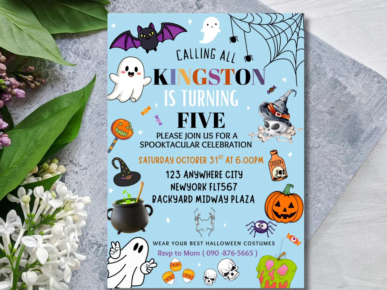 Calling All Ghouls! – Blue Halloween 5th Birthday Invitation - Image 4