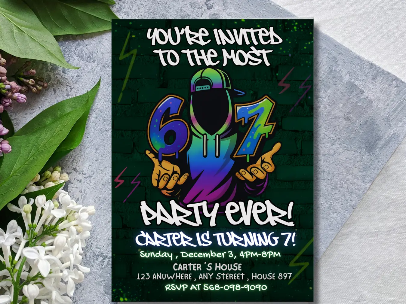 Funny 67 Meme Birthday Invitation , Urban Graffiti Style Kids Party Invite - Image 4