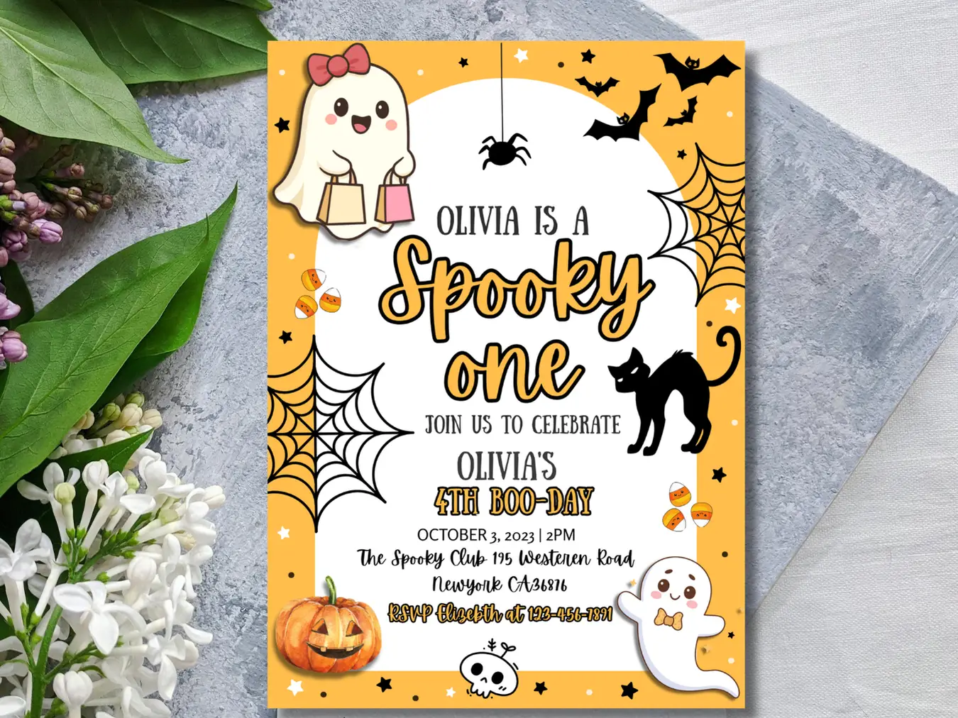 Halloween Spooky One 4th Birthday Invitation – Cute Ghost & Pumpkin Kids Party Invite - Image 4
