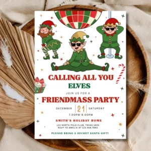 Calling All Elves Christmas Party Invitation | Holiday Kids Party Invite | Festive Celebration Template