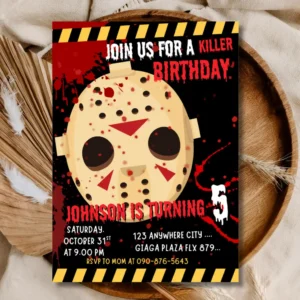 Halloween Horror Birthday Invite – Killer Slasher Theme Party Invitation, Printable Birthday Card Template
