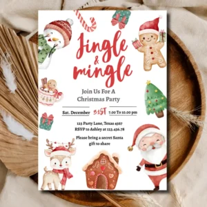 Jingle & Mingle Christmas Party Invitation – Cute Santa & Gingerbread Holiday Invite Template