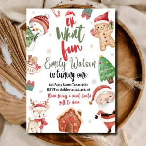 Oh What Fun 1st Birthday Invitation – Christmas Santa & Gingerbread Party Invite Template