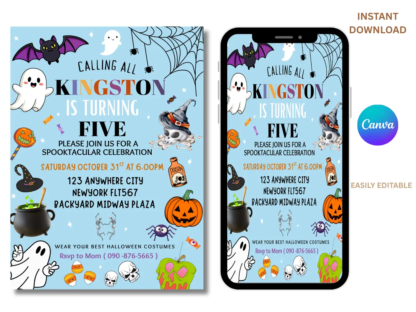 Calling All Ghouls! – Blue Halloween 5th Birthday Invitation - Image 3