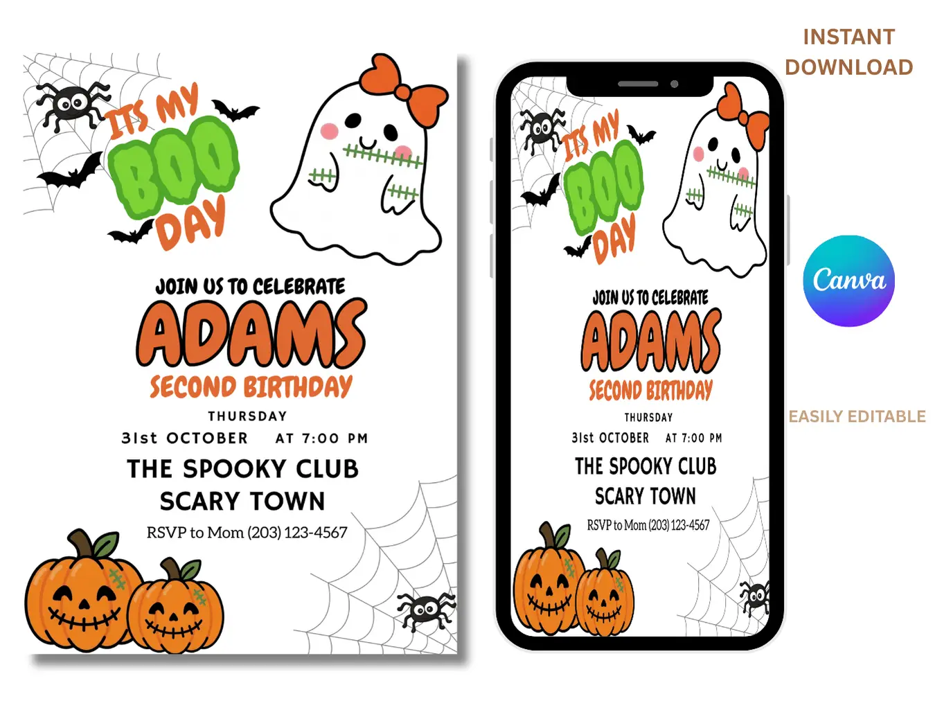 Editable Boo Day 2nd Birthday Invitation – Halloween Ghost Theme Invite - Image 3